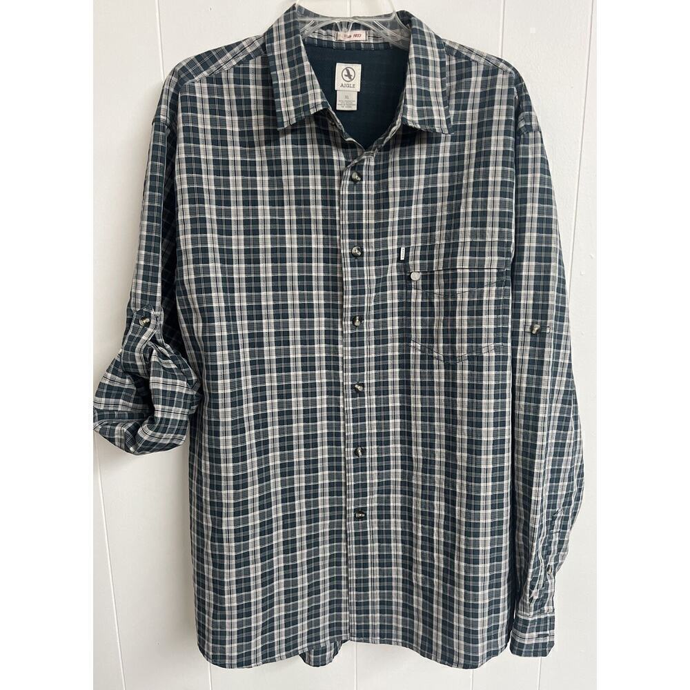 Aigle Shirt Mens XL Long Sleeve Button Up Long Sleeve Blue Green Plaid‎
